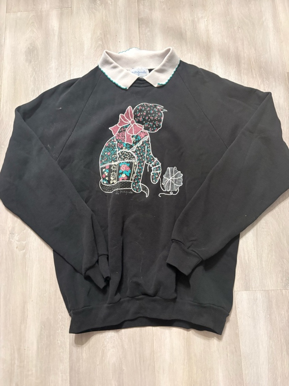 Black Sweatshirt with Embroidered Floral Cat